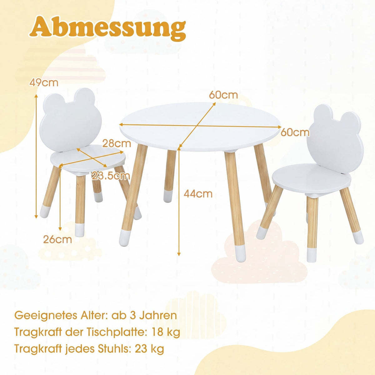 Children's Table & 2 Chairs Set, Wood Legs, White