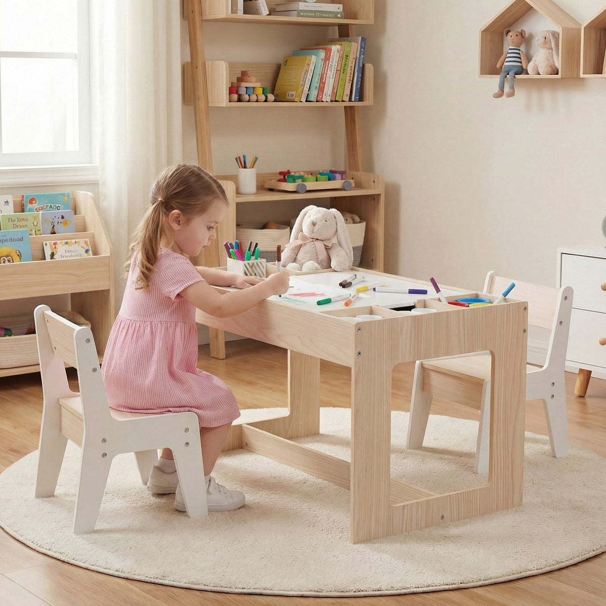 Children's Table Set with 2 Chairs, Dual-Sided Top