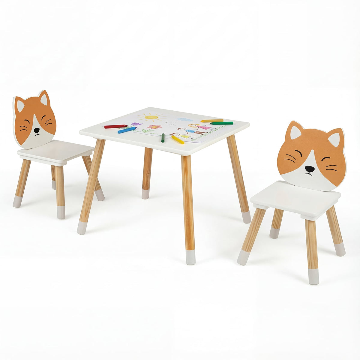 Children's Table and 2 Chairs Set, White, Pine Legs