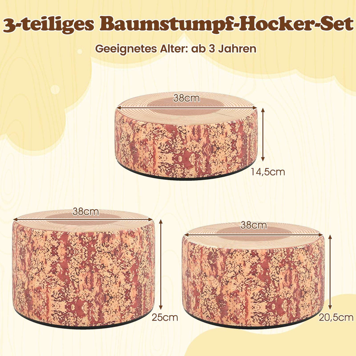 Children's Tree Stump Stool Set, 3-Piece, Faux Leather