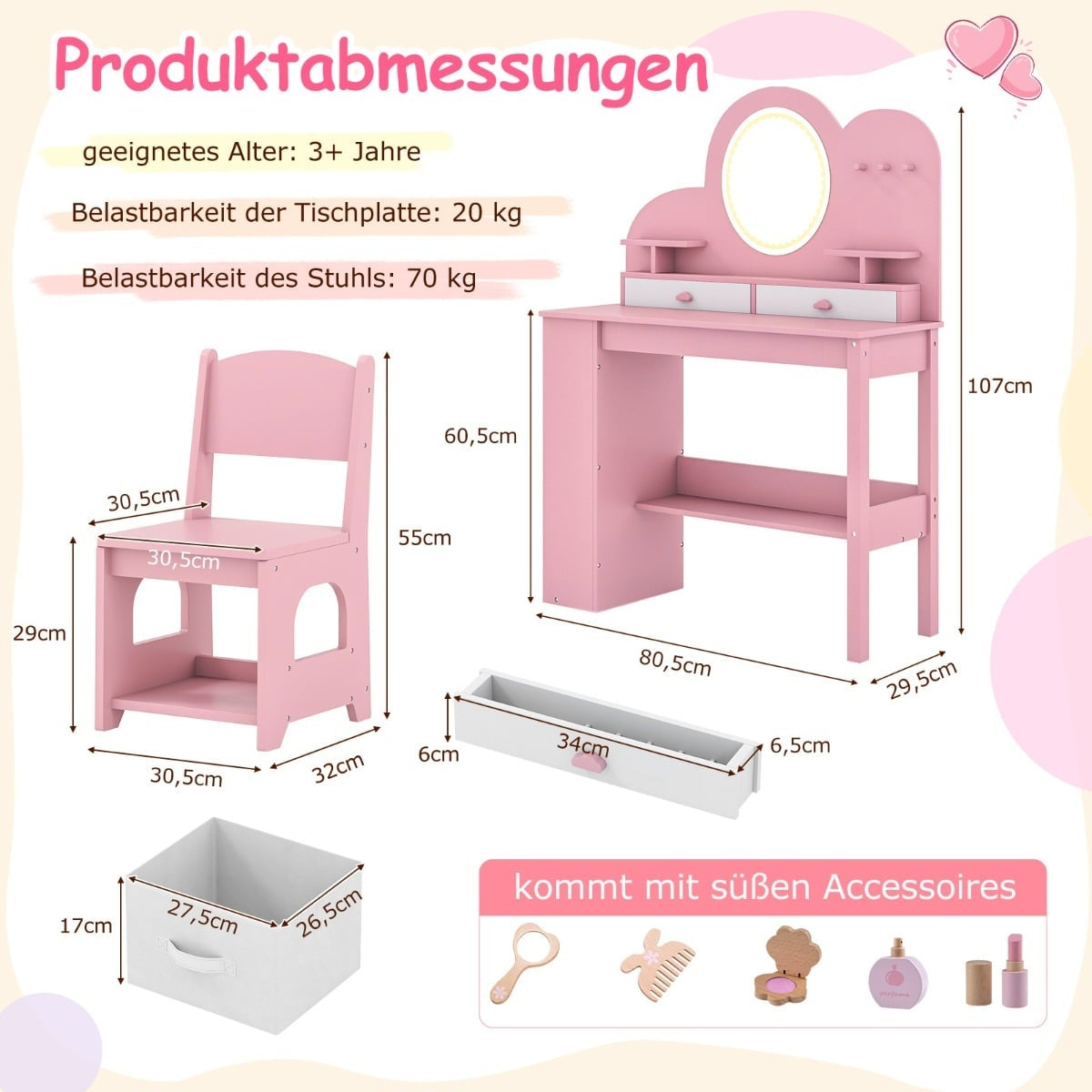 Children's Vanity Set with Lights and Chair, Pink