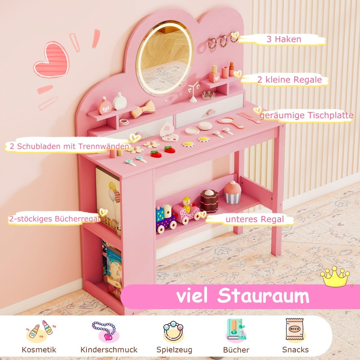 Children's Vanity Set with Lights and Chair, Pink