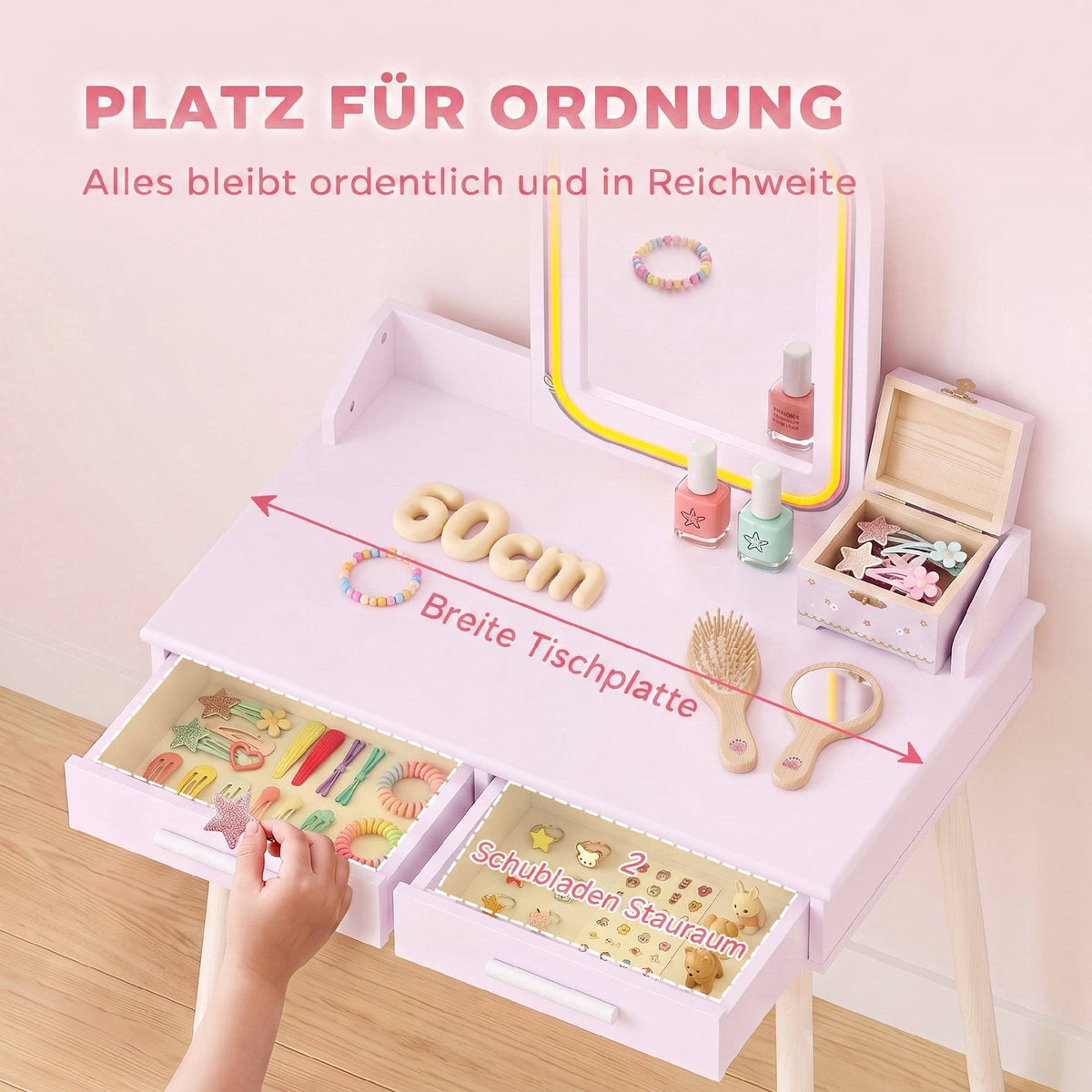 Children's Vanity Table Set with LED Mirror and Stool
