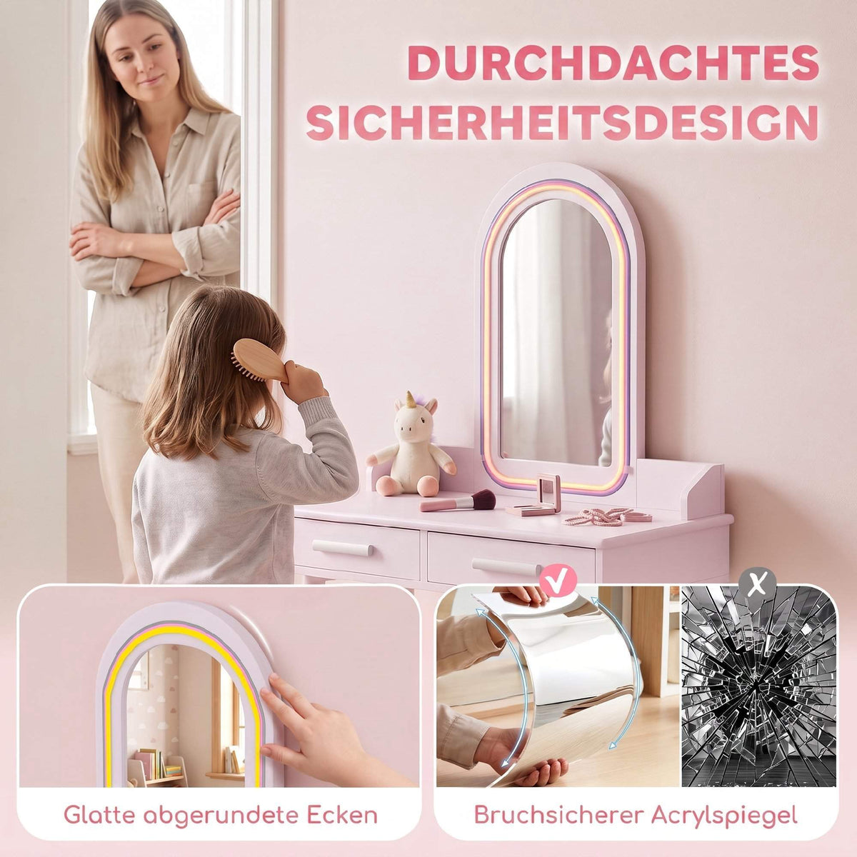 Children's Vanity Table Set with LED Mirror and Stool