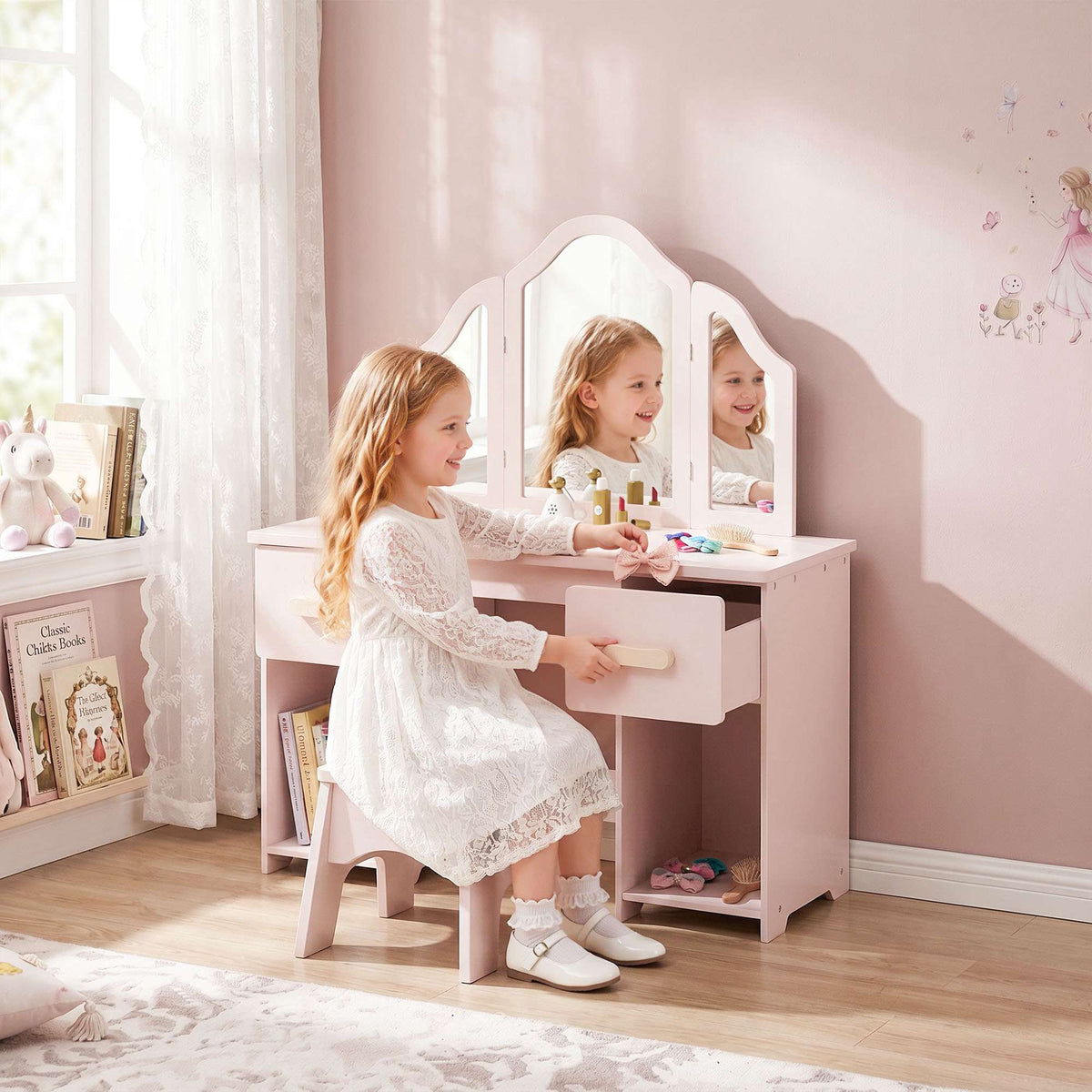 Children's Vanity Table Set with Stool and Mirror, Pink