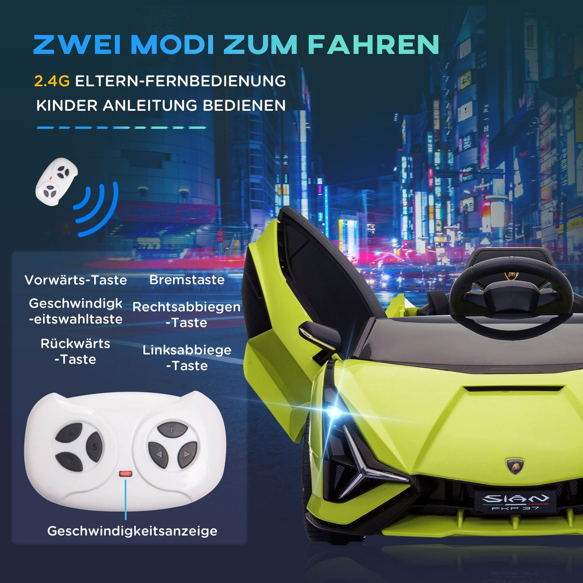 Children's Vehicle, 2 Driving Modes, Lamborghini SIAN SUV Car Toy Electric Car with Remote Control, Music (MP3/USB), 37-60 Months, Green