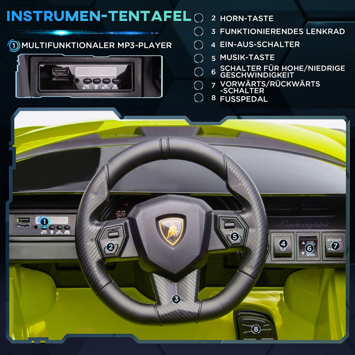 Children's Vehicle, 2 Driving Modes, Lamborghini SIAN SUV Car Toy Electric Car with Remote Control, Music (MP3/USB), 37-60 Months, Green