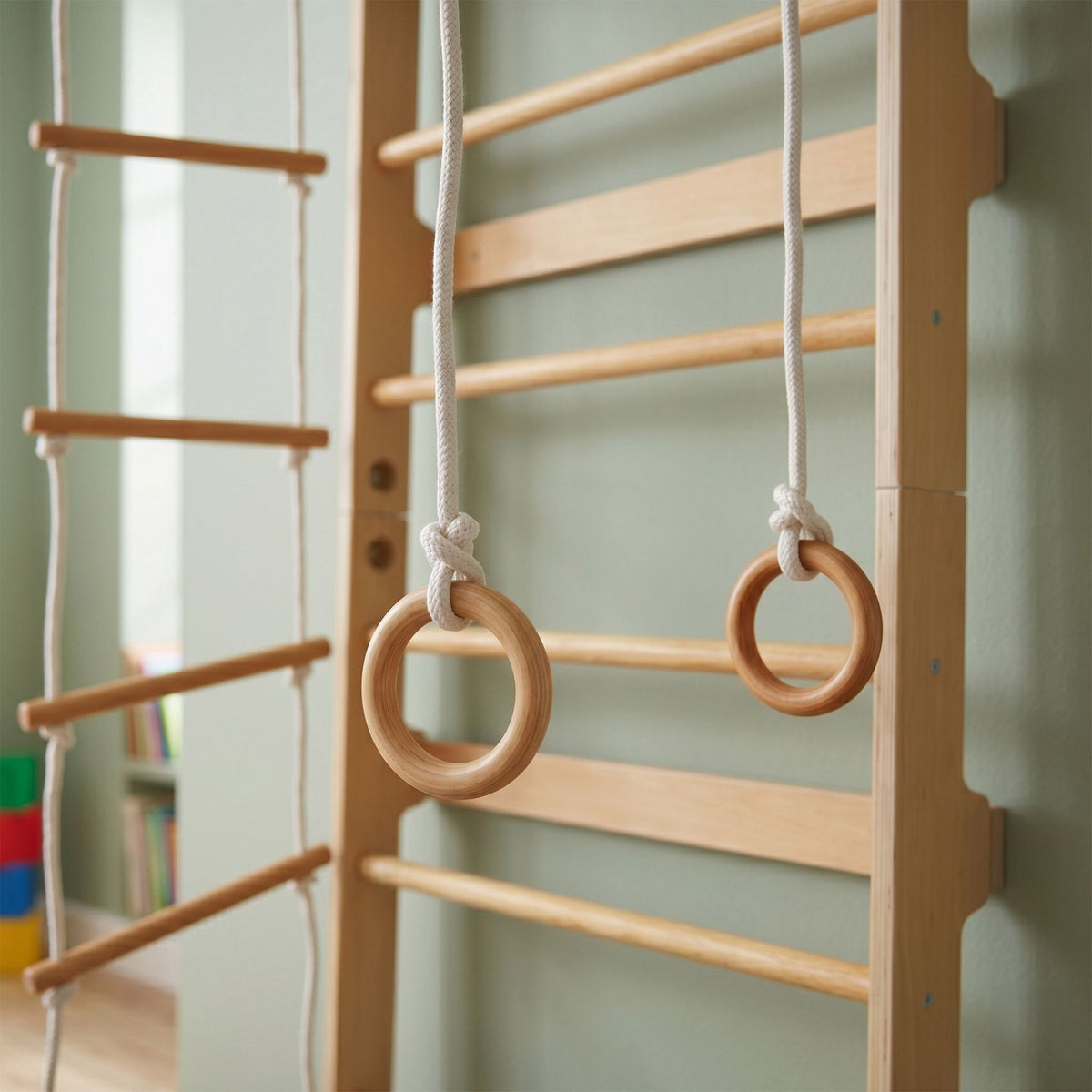 Children's Wall Bars with Pull-Up Bar, Natural Wood