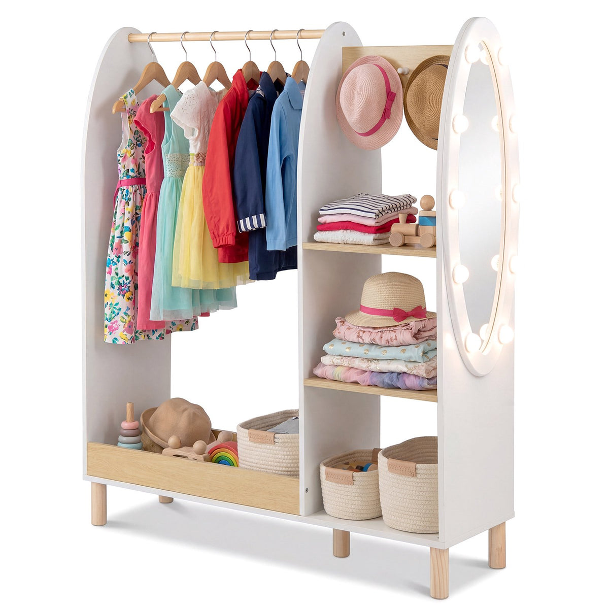 Children's Wardrobe with LED Mirror and Storage Shelves