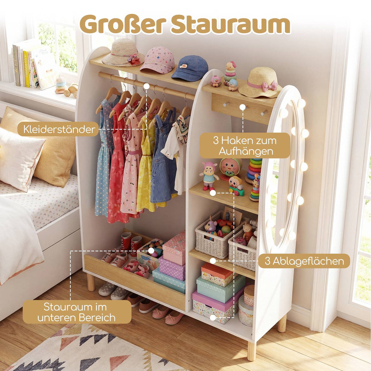 Children's Wardrobe with LED Mirror and Storage Shelves