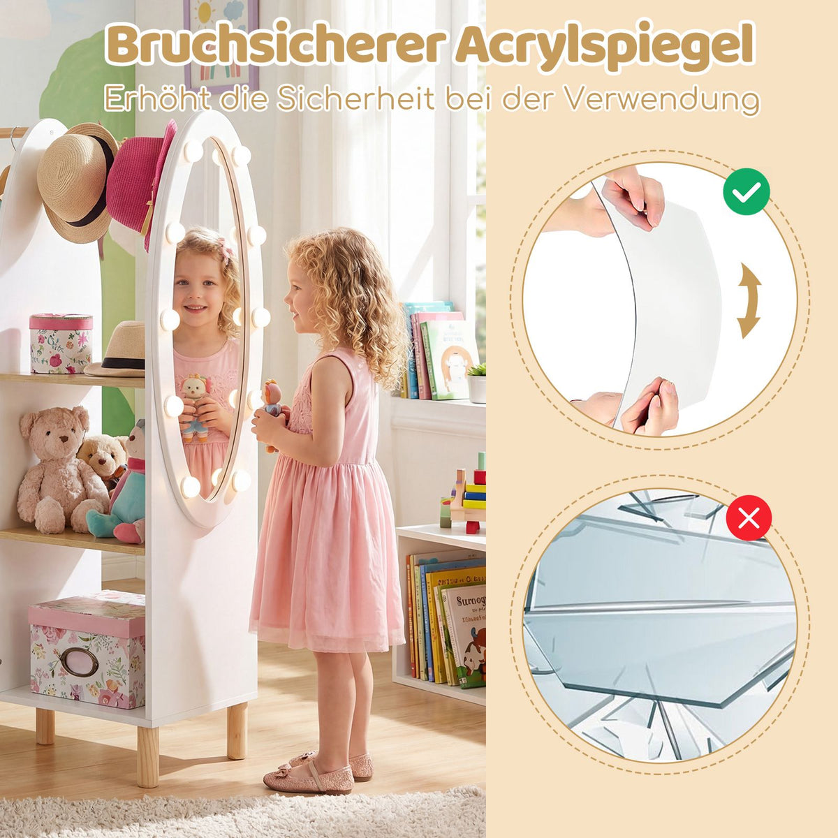 Children's Wardrobe with LED Mirror and Storage Shelves