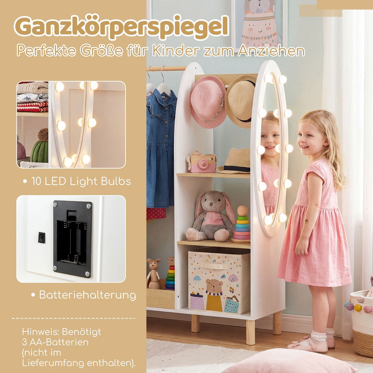 Children's Wardrobe with LED Mirror and Storage Shelves
