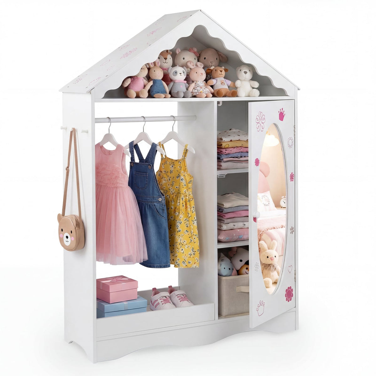Children's Wardrobe with Mirror, Roof Design, Pink/White