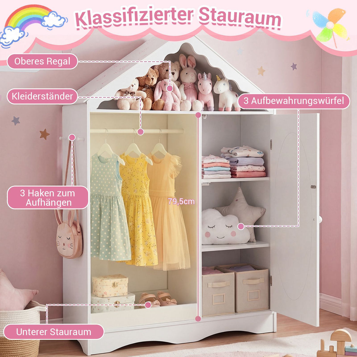 Children's Wardrobe with Mirror, Roof Design, Pink/White