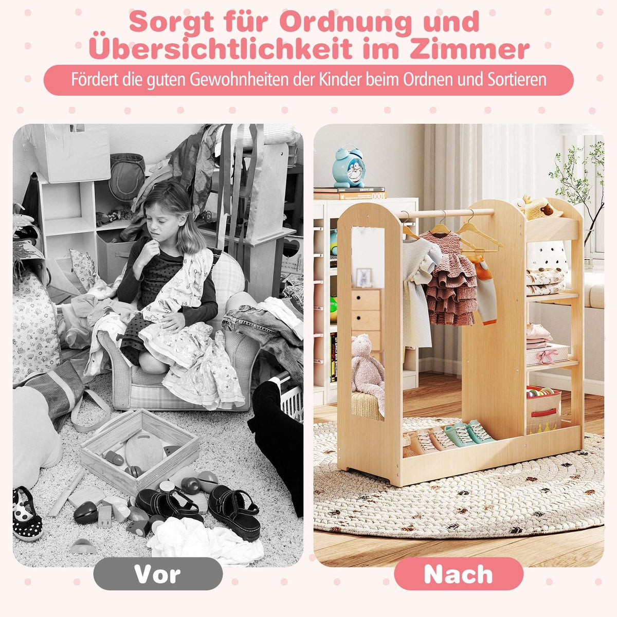 Children's Wardrobe with Mirror, Solid Wood, 100 cm