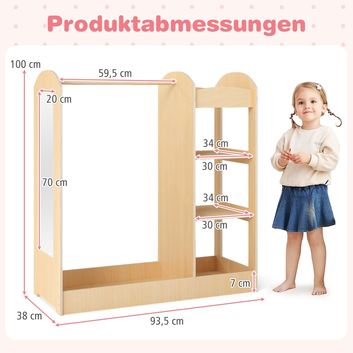 Children's Wardrobe with Mirror, Solid Wood, 100 cm