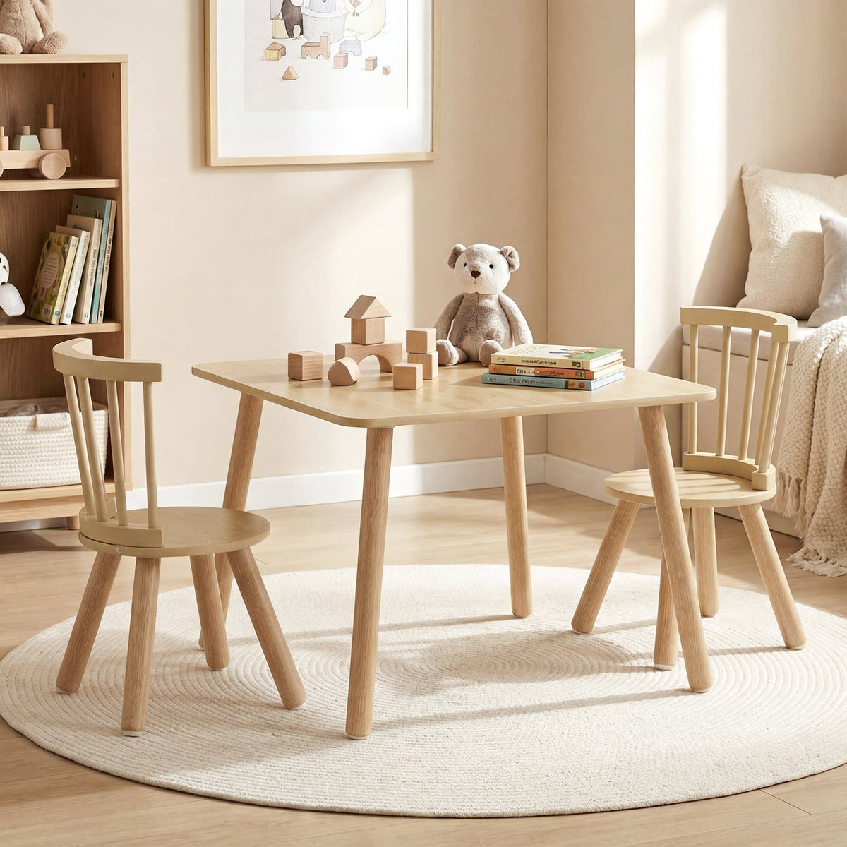 Children's Wooden Table and 2 Chair Set with Spindle Back