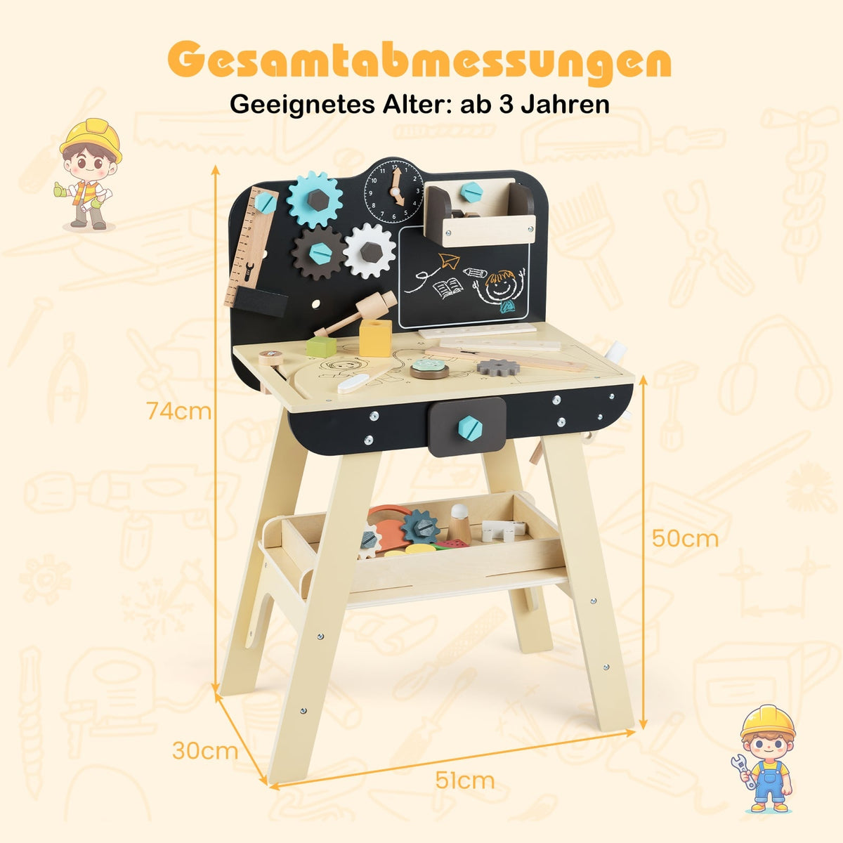 Children's Wooden Workbench Set with Blackboard, Montessori Toy