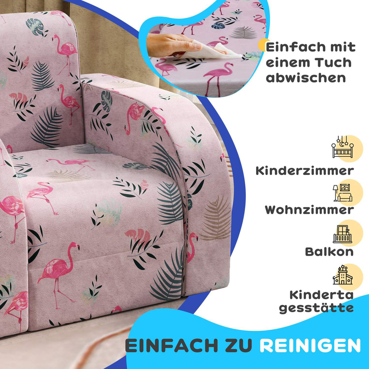 Children's armchair, 2 in 1 folding children's sofa with reclining function, flamingo pattern, padded children's chair, for 1.5-3 years