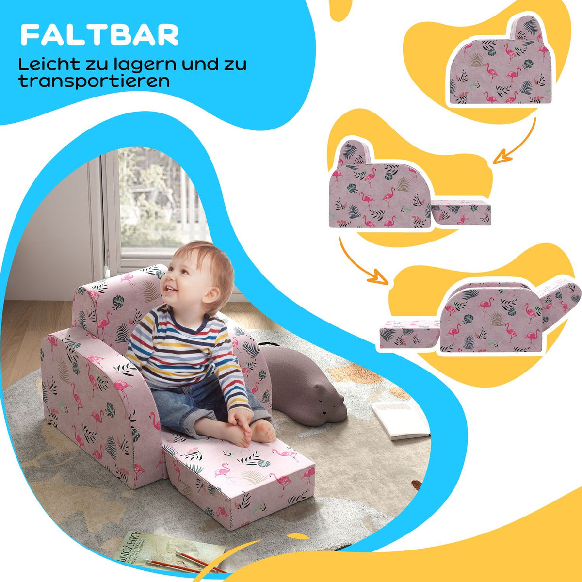 Children's armchair, 2 in 1 folding children's sofa with reclining function, flamingo pattern, padded children's chair, for 1.5-3 years
