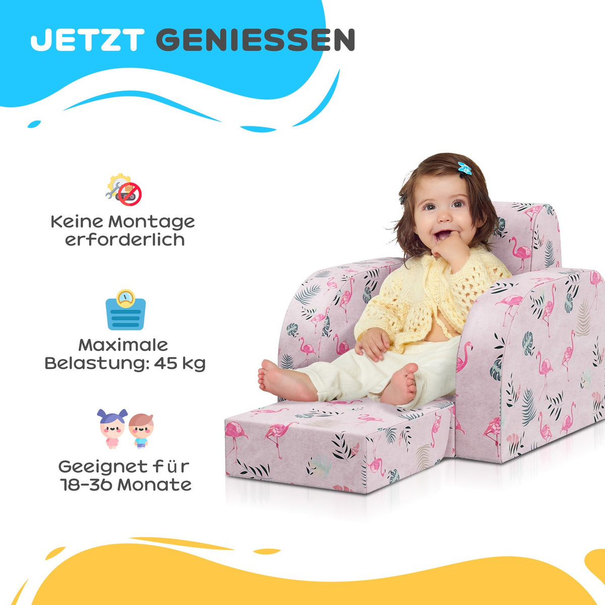 Children's armchair, 2 in 1 folding children's sofa with reclining function, flamingo pattern, padded children's chair, for 1.5-3 years
