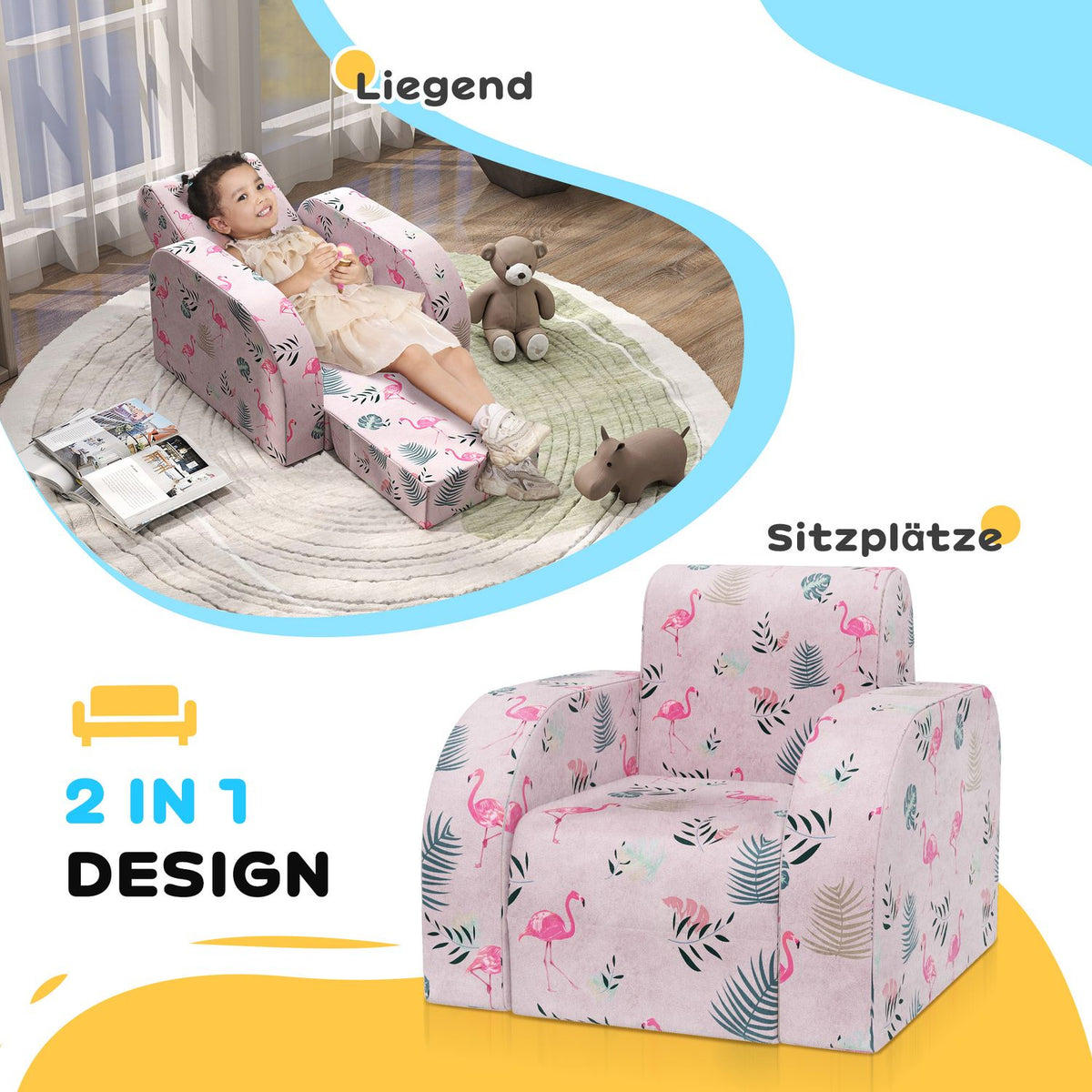 Children's armchair, 2 in 1 folding children's sofa with reclining function, flamingo pattern, padded children's chair, for 1.5-3 years