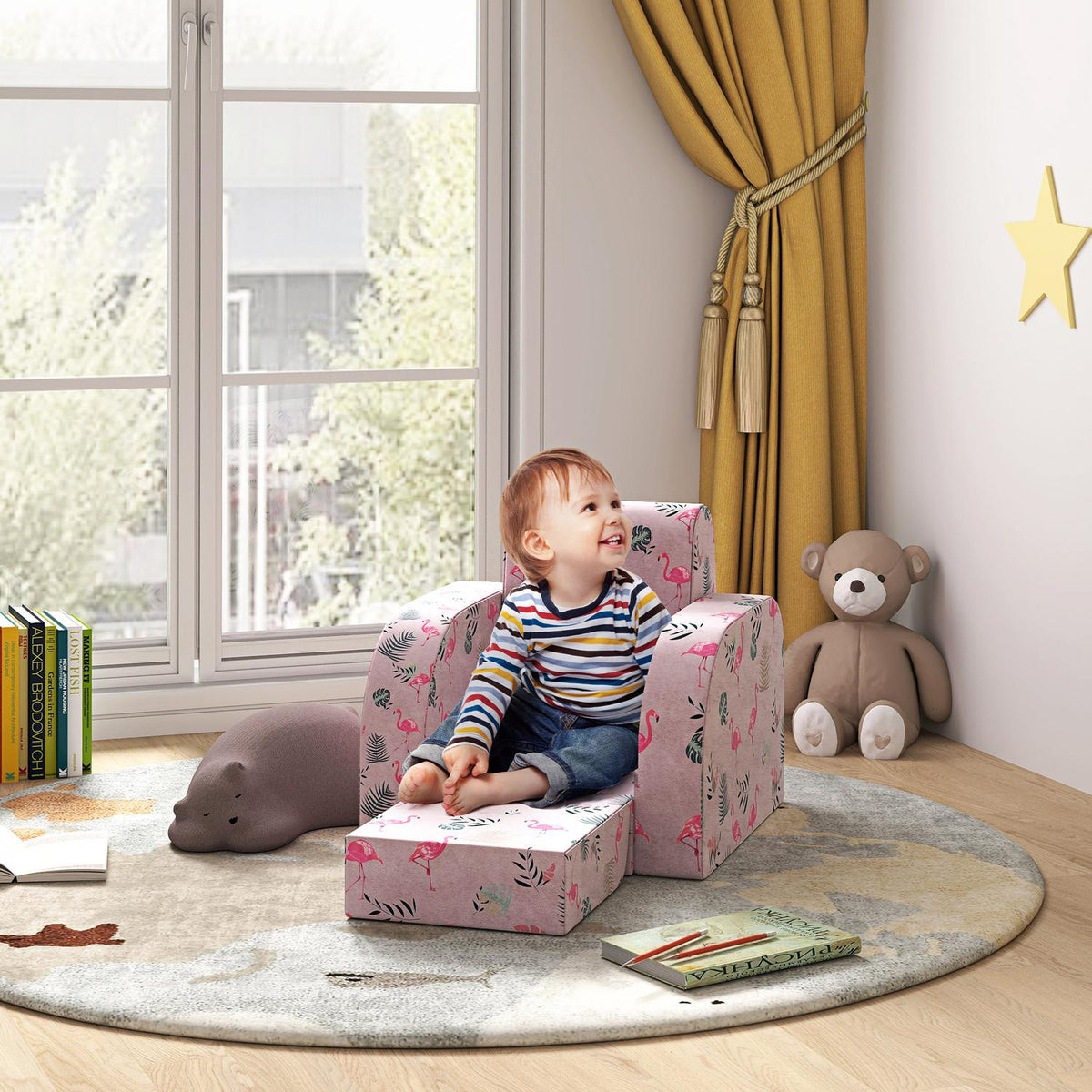 Children's armchair, 2 in 1 folding children's sofa with reclining function, flamingo pattern, padded children's chair, for 1.5-3 years