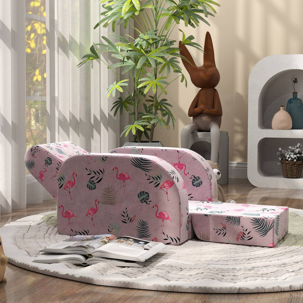 Children's armchair, 2 in 1 folding children's sofa with reclining function, flamingo pattern, padded children's chair, for 1.5-3 years
