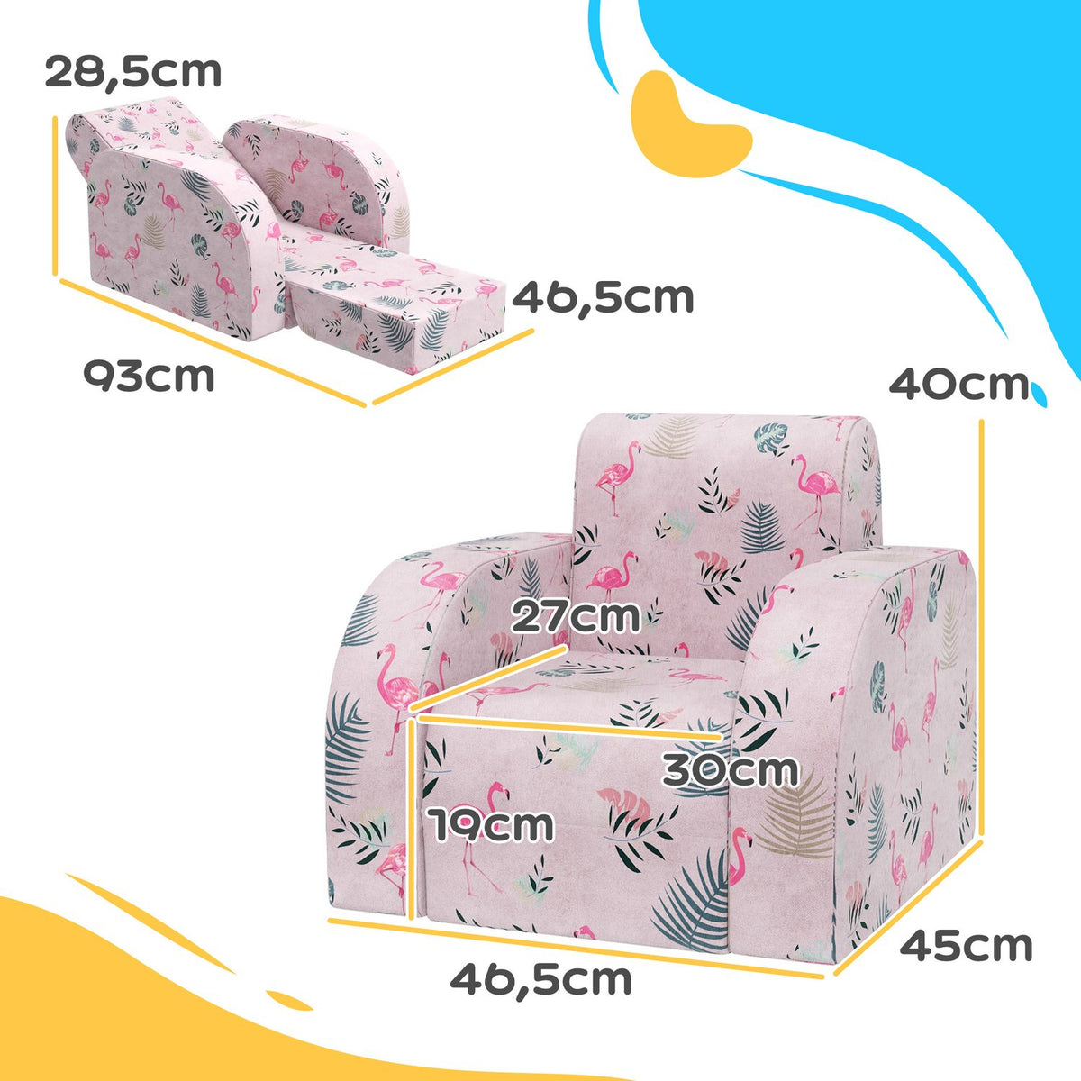 Children's armchair, 2 in 1 folding children's sofa with reclining function, flamingo pattern, padded children's chair, for 1.5-3 years