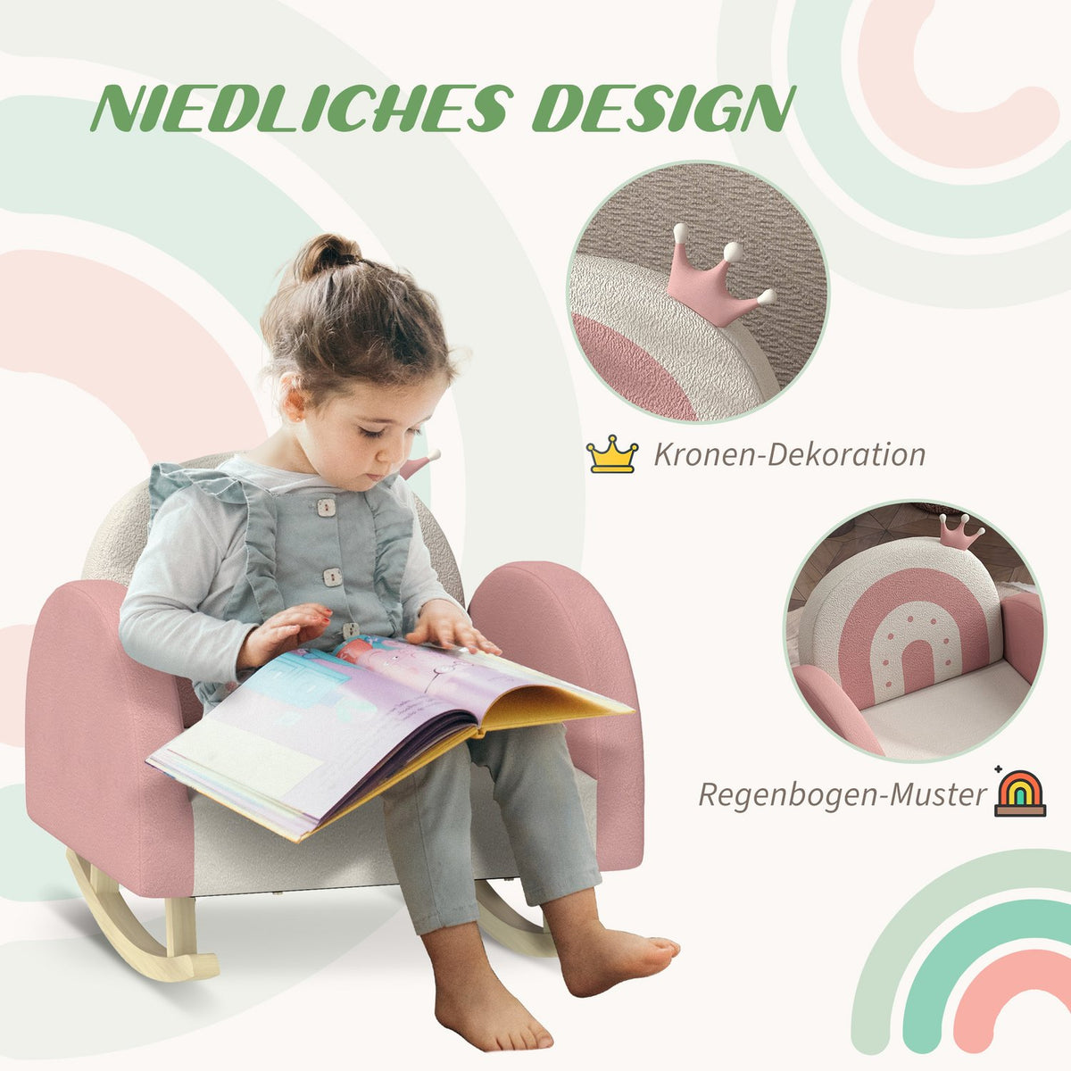 Children's armchair, children's sofa with crown decor, velvet look, children's chair with rainbow backrest, rocking chair for children 1.5-3 years, children's room, playroom, pink