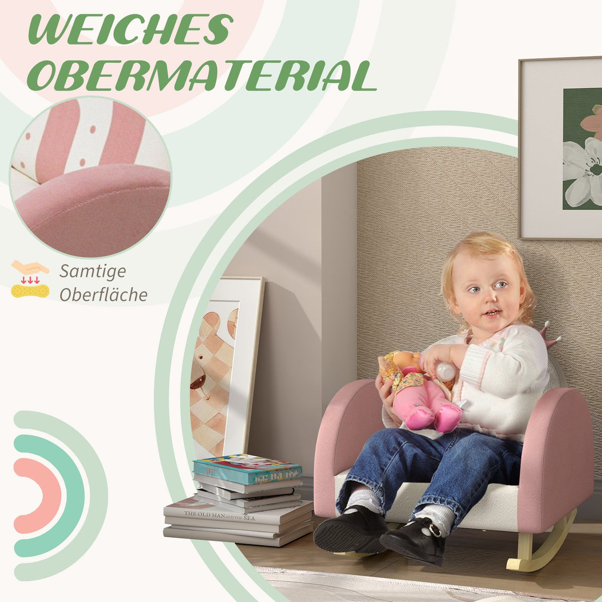 Children's armchair, children's sofa with crown decor, velvet look, children's chair with rainbow backrest, rocking chair for children 1.5-3 years, children's room, playroom, pink