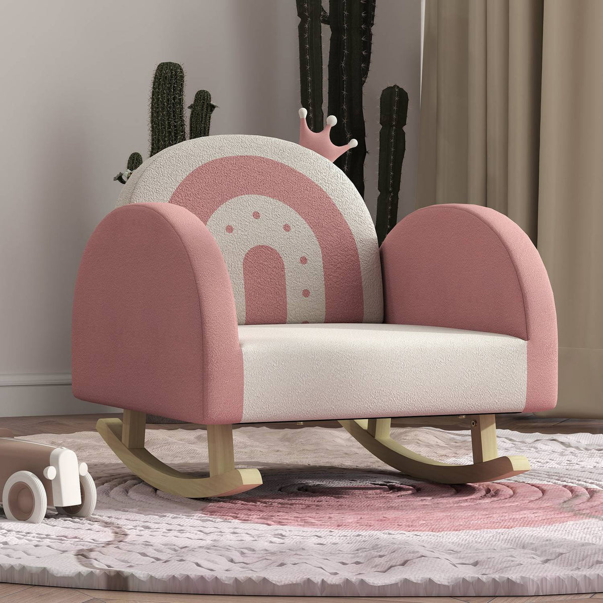 Children's armchair, children's sofa with crown decor, velvet look, children's chair with rainbow backrest, rocking chair for children 1.5-3 years, children's room, playroom, pink