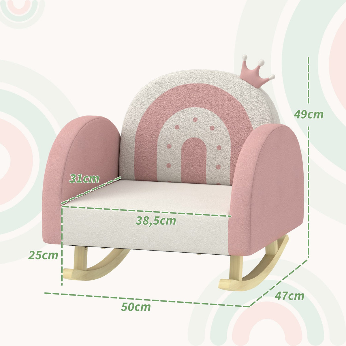 Children's armchair, children's sofa with crown decor, velvet look, children's chair with rainbow backrest, rocking chair for children 1.5-3 years, children's room, playroom, pink