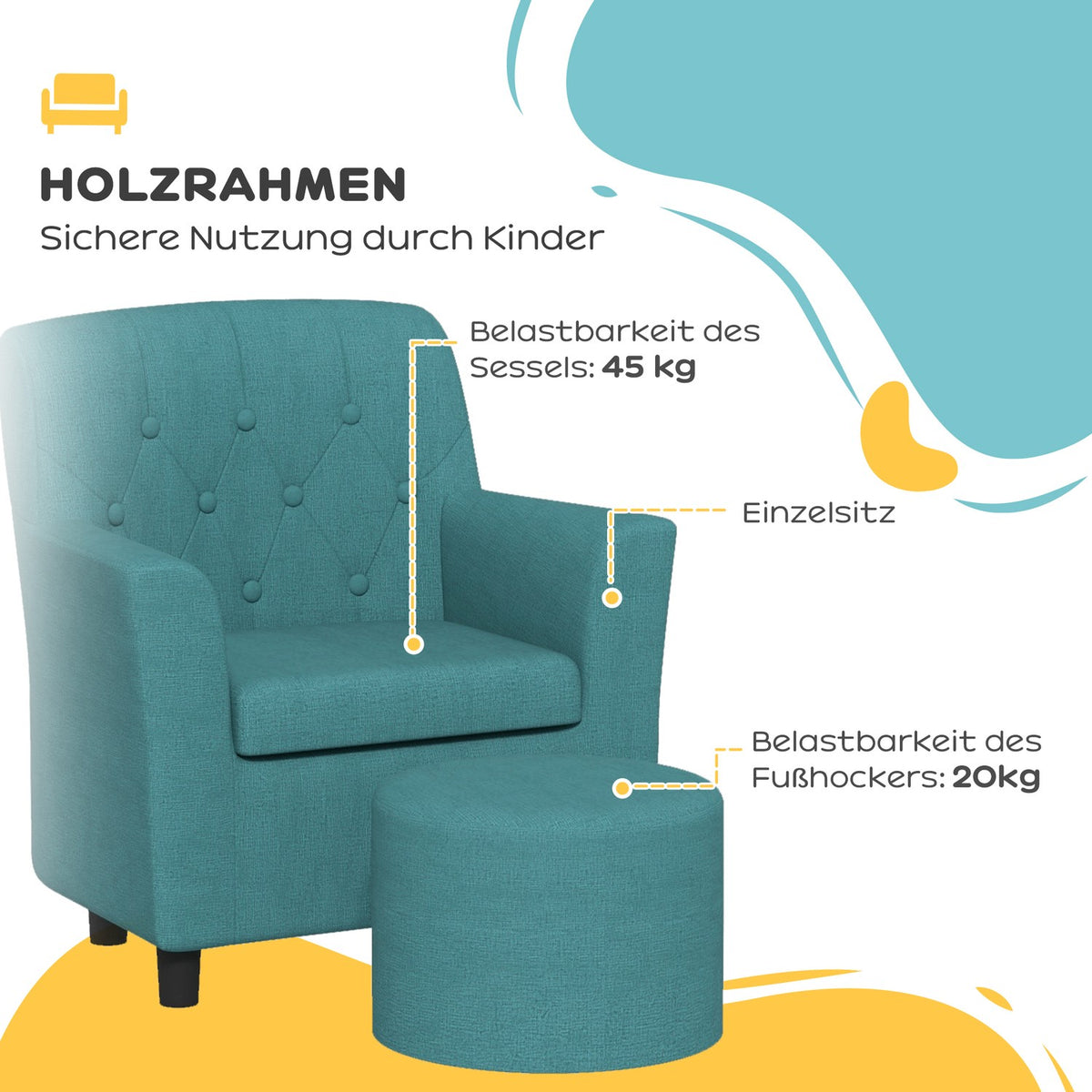 Children's armchair, children's sofa with footstool, children's couch from 18 months, children's furniture, children's room, linen look, eucalyptus wood, blue, 45 x 43 x 50.5 cm