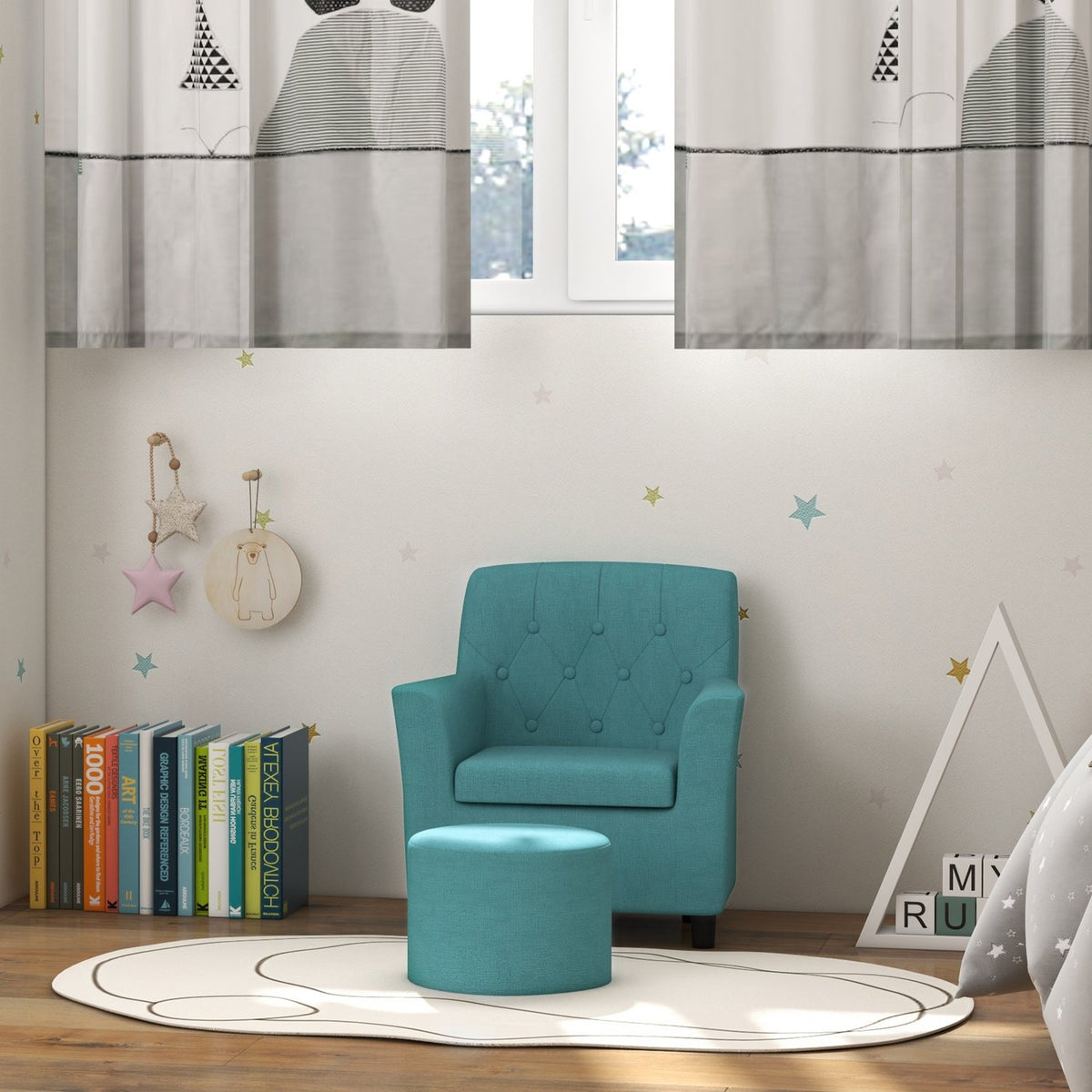Children's armchair, children's sofa with footstool, children's couch from 18 months, children's furniture, children's room, linen look, eucalyptus wood, blue, 45 x 43 x 50.5 cm