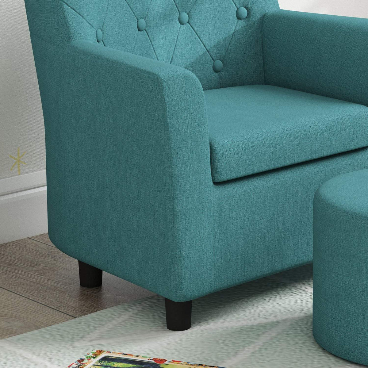 Children's armchair, children's sofa with footstool, children's couch from 18 months, children's furniture, children's room, linen look, eucalyptus wood, blue, 45 x 43 x 50.5 cm