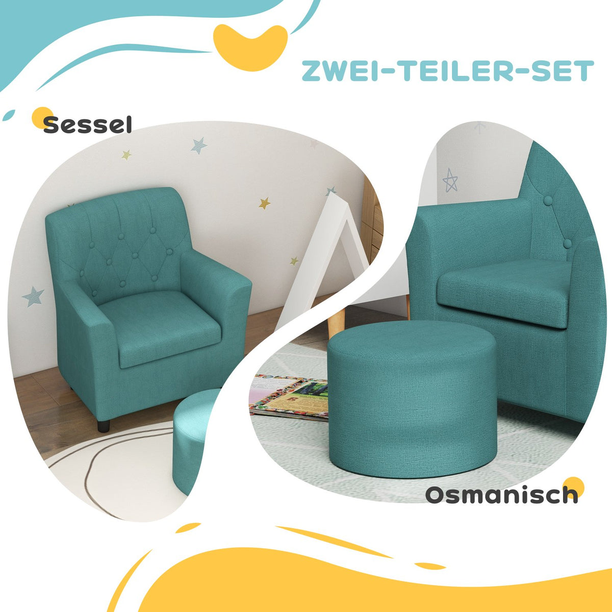 Children's armchair, children's sofa with footstool, children's couch from 18 months, children's furniture, children's room, linen look, eucalyptus wood, blue, 45 x 43 x 50.5 cm