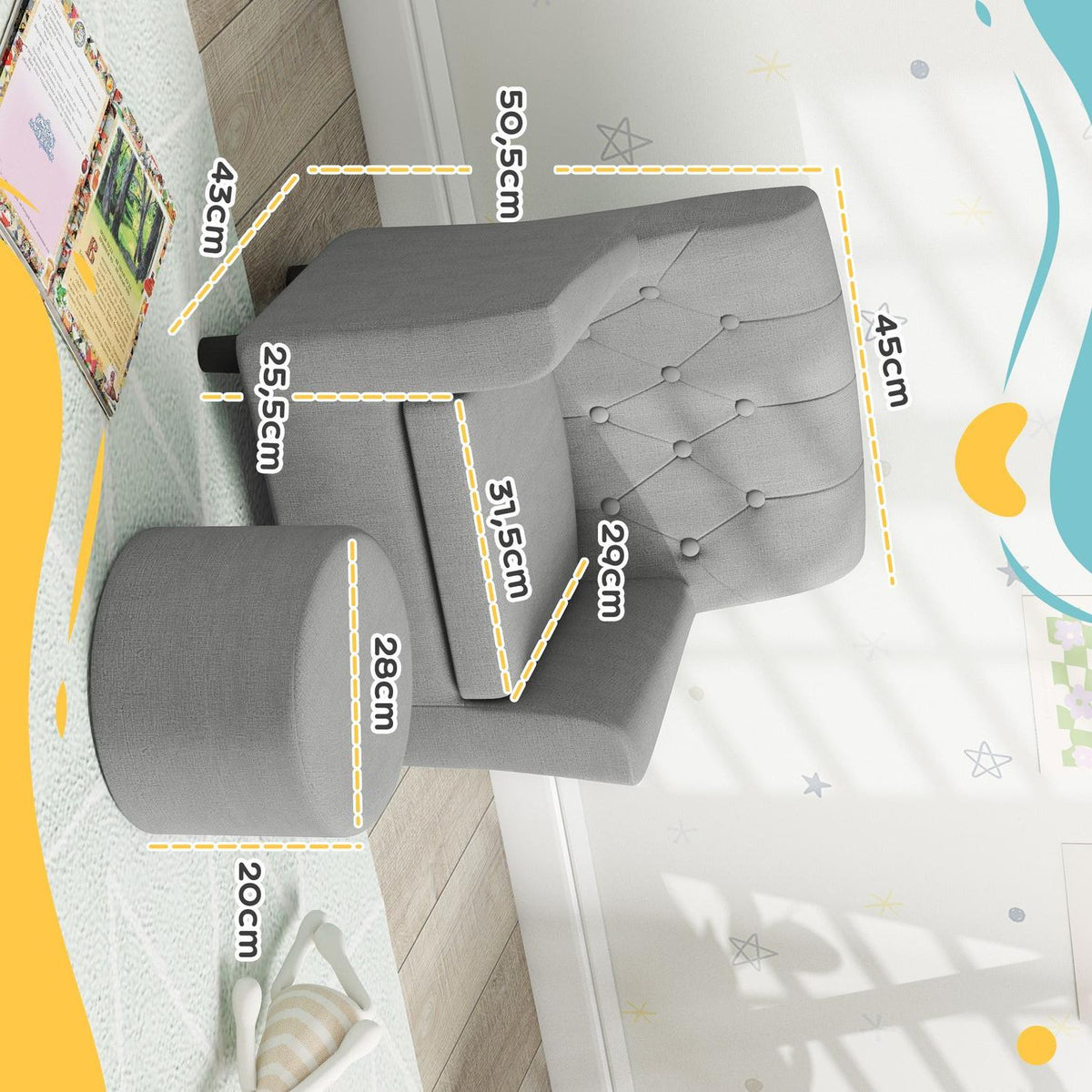 Children's armchair, children's sofa with footstool, children's couch from 18 months, children's furniture, children's room, linen look, eucalyptus wood, gray, 45 x 43 x 50.5 cm