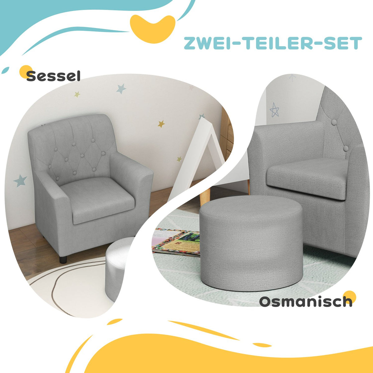 Children's armchair, children's sofa with footstool, children's couch from 18 months, children's furniture, children's room, linen look, eucalyptus wood, gray, 45 x 43 x 50.5 cm