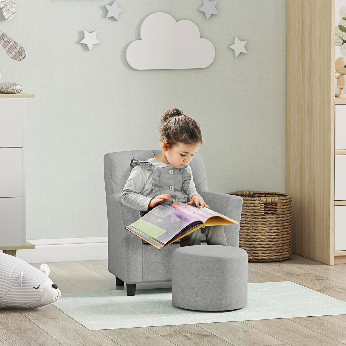 Children's armchair, children's sofa with footstool, children's couch from 18 months, children's furniture, children's room, linen look, eucalyptus wood, gray, 45 x 43 x 50.5 cm