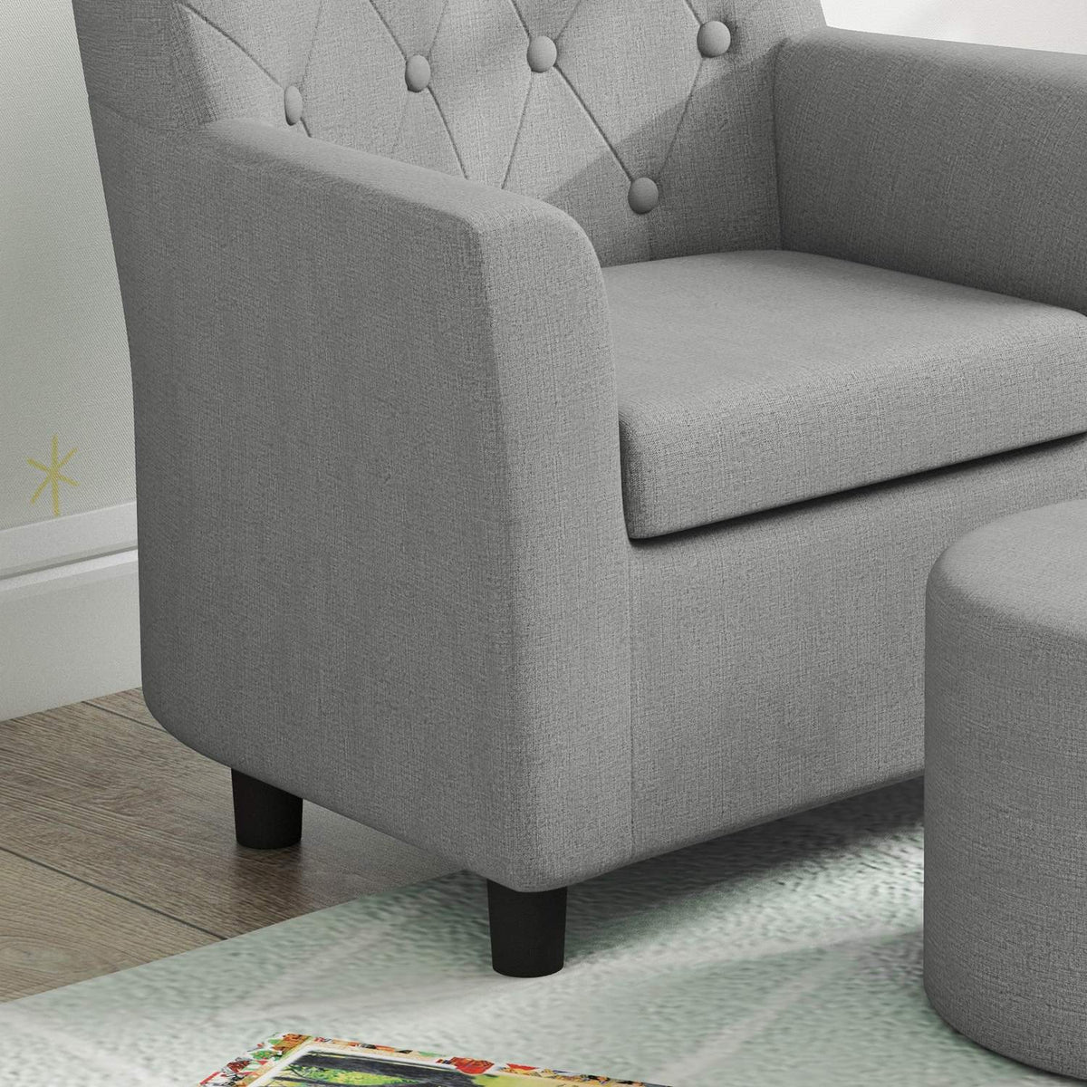 Children's armchair, children's sofa with footstool, children's couch from 18 months, children's furniture, children's room, linen look, eucalyptus wood, gray, 45 x 43 x 50.5 cm