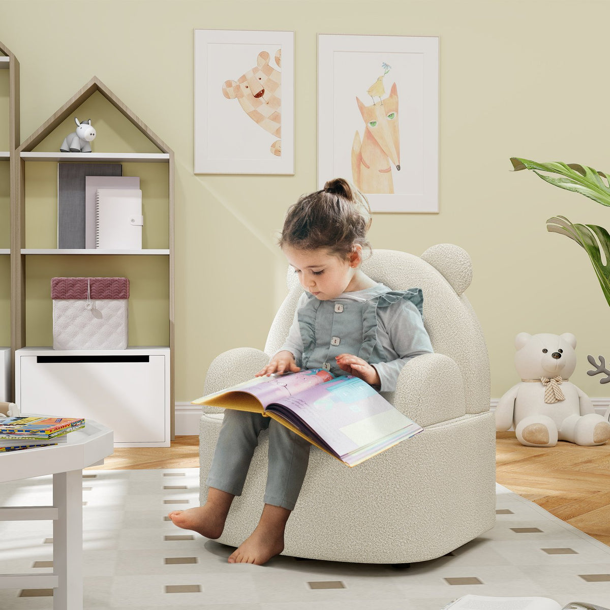 Children's armchair, children's sofa with soft teddy fleece, bear shape, children's chair for children 1.5-3 years, children's room, playroom, beige