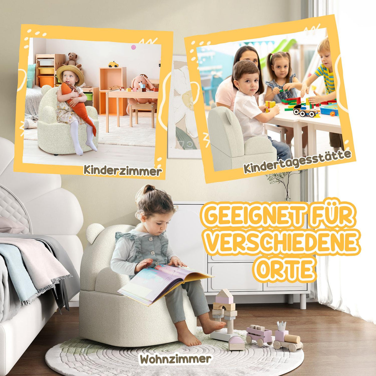 Children's armchair, children's sofa with soft teddy fleece, bear shape, children's chair for children 1.5-3 years, children's room, playroom, beige