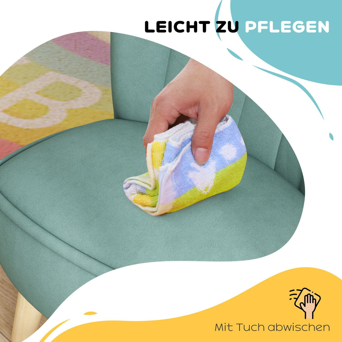 Children's armchair, children's sofa with velvet look, wooden legs, children's chair for children 3-7 years, children's room, playroom, light blue