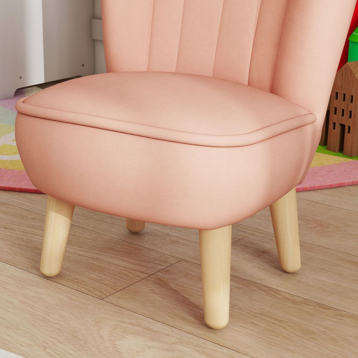 Children's armchair, children's sofa with velvet look, wooden legs, children's chair for children 3-7 years, children's room, playroom, pink