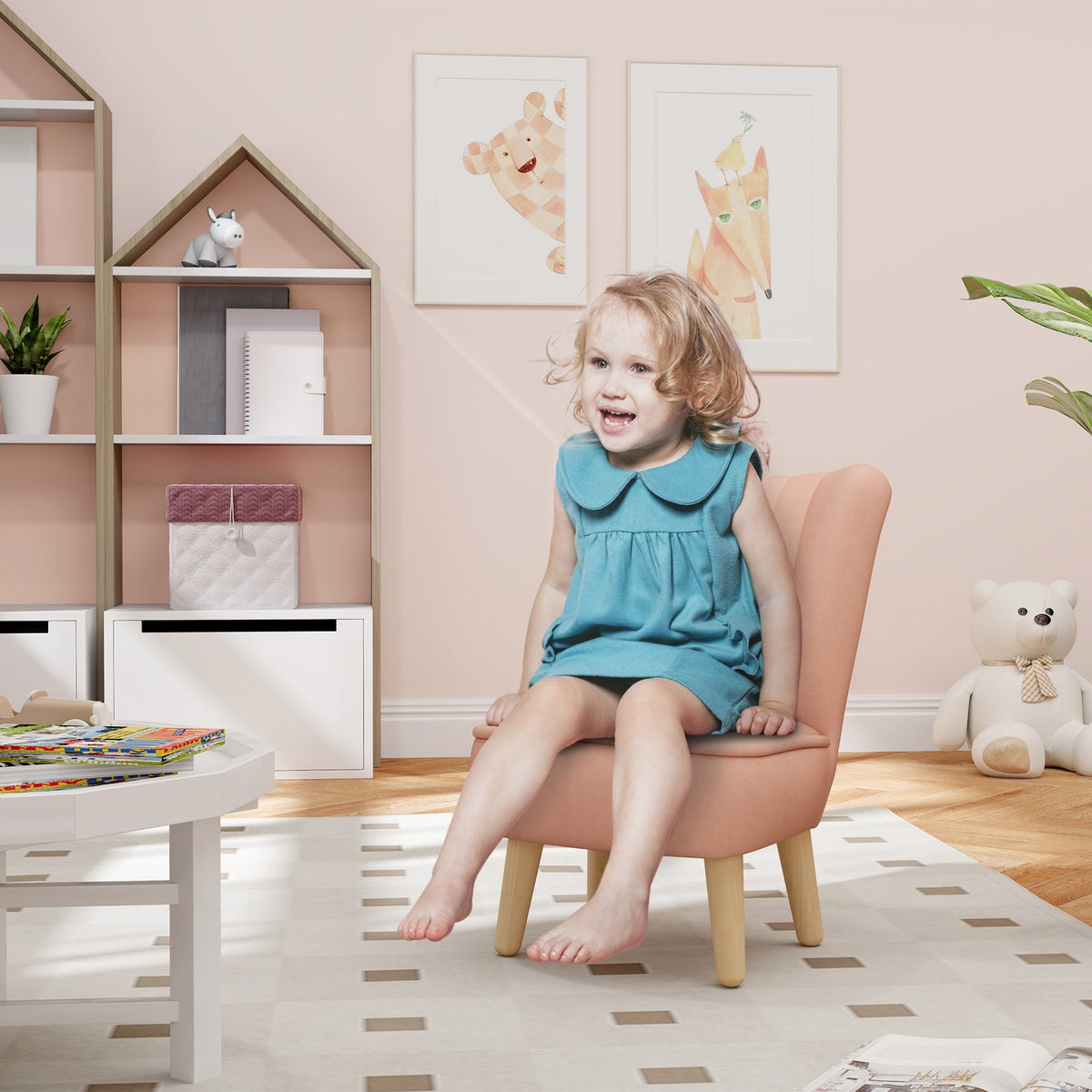Children's armchair, children's sofa with velvet look, wooden legs, children's chair for children 3-7 years, children's room, playroom, pink