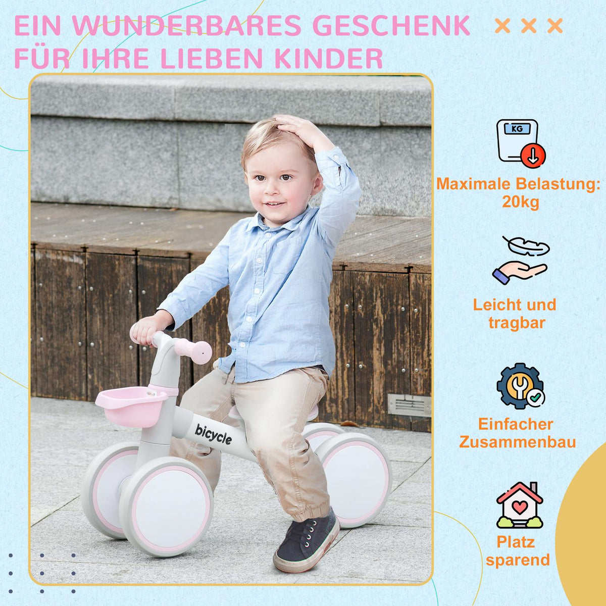 Children's balance bike from 1 year, slip bike with TPU wheels, no screws, gift for boys/girls, pink and white, 56 x 27 x 39 cm