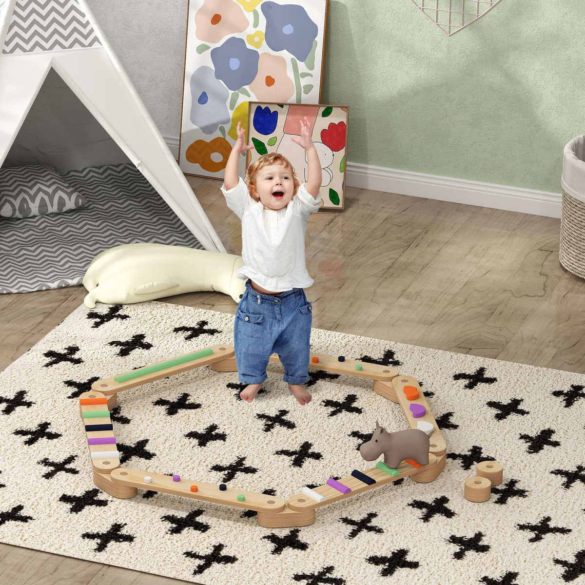 Children's balancing beam, wooden balance beam with colorful obstacle stones, Montessori toy for coordination and stability, for 3-8 year old children