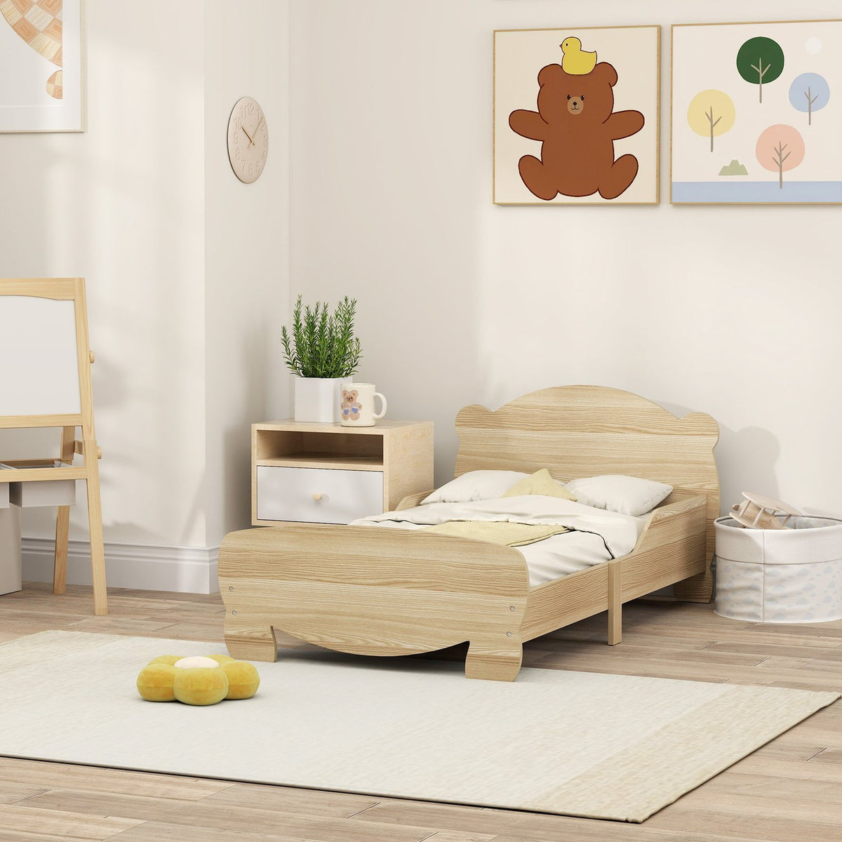 Children's bed 143.5 x 80 cm, house bed made of solid wood, youth bed with fall protection, play bed can hold up to 80 kg, single bed with bear design for children's room, natural wood
