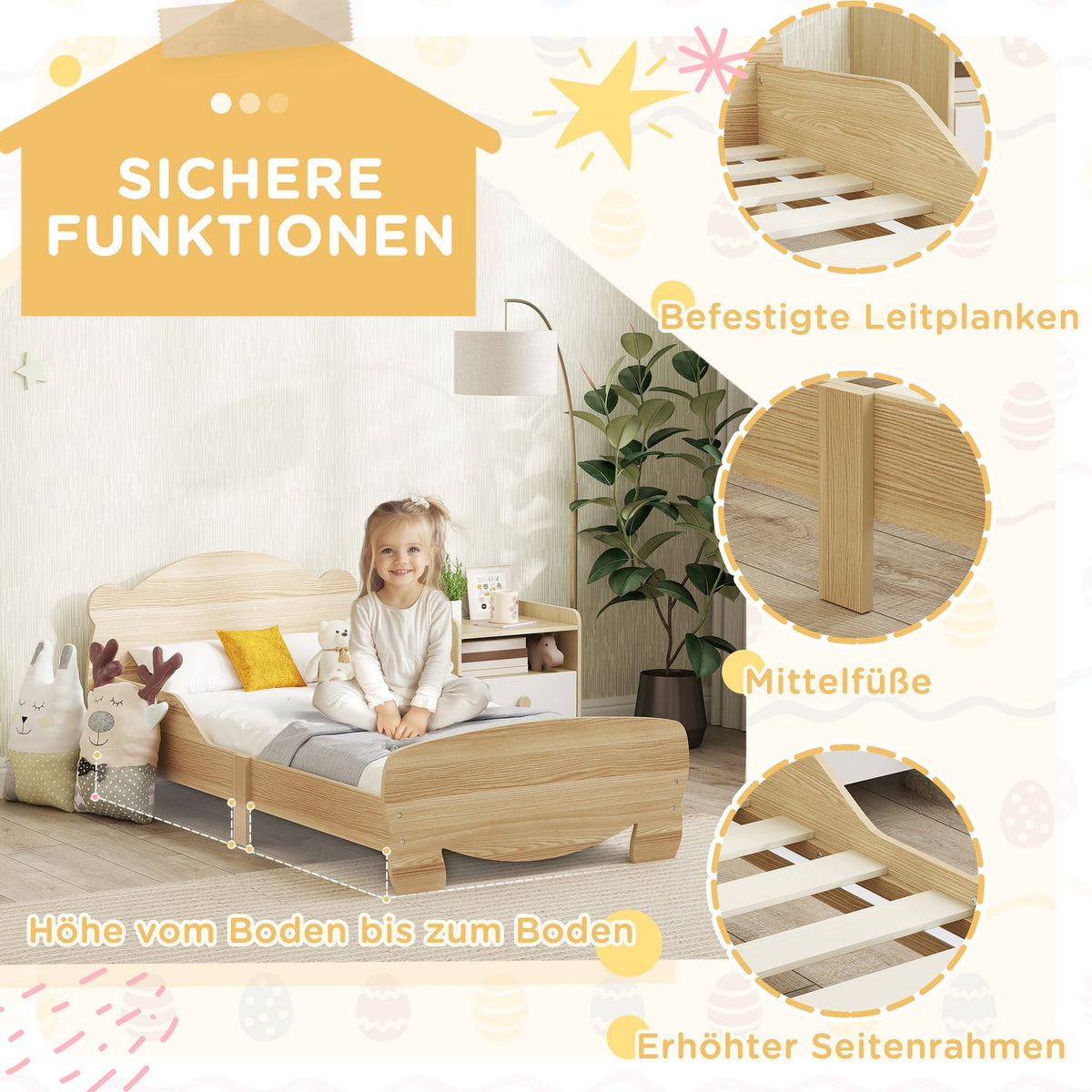 Children's bed 143.5 x 80 cm, house bed made of solid wood, youth bed with fall protection, play bed can hold up to 80 kg, single bed with bear design for children's room, natural wood